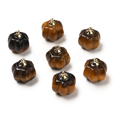 Natural Tiger Eye Pumpkin Charms with Golden Tone Brass Bails G-C158-06G-01-1
