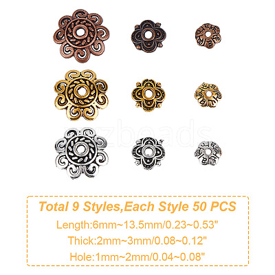 450Pcs 9 Styles  Tibetan Style Alloy Flower Bead Caps TIBE-GO0001-01-1