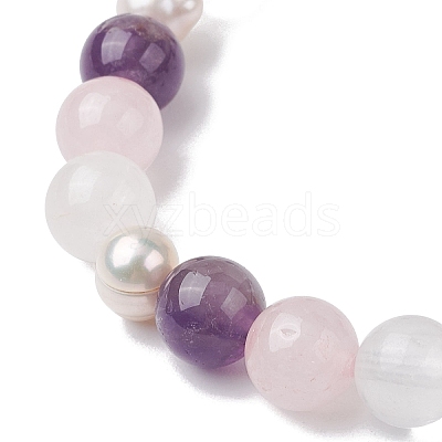 Natural Rose Quartz & Amethyst & Pearl Round Beaded Stretch Bracelets for Women BJEW-JB11041-03-1