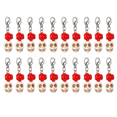 Skull Synthetic Turquoise & Resin Rose Pendant Decorations HJEW-JM03998-1