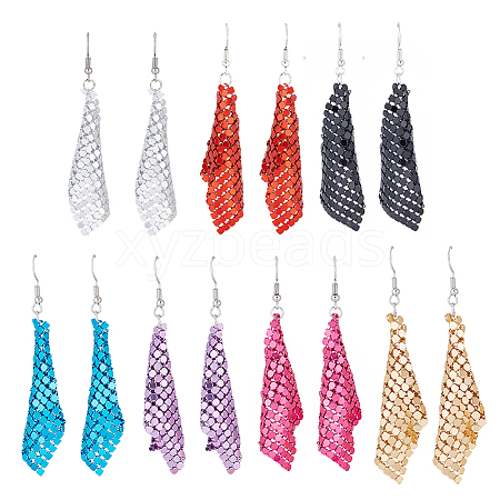 ANATTASOUL 7 Pairs 7 Colors Aluminum Mesh Sequin Rhombus Dangle Earrings for Women EJEW-AN0001-71-1