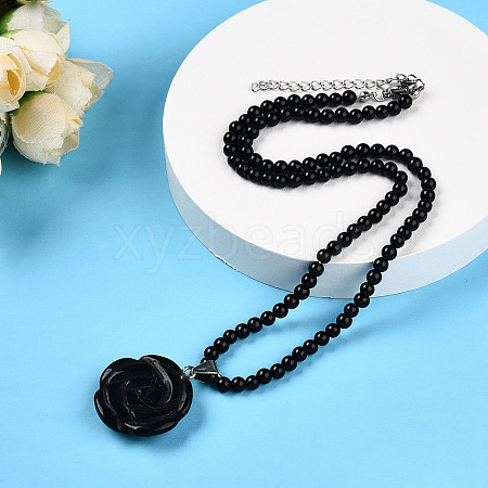 Natural Obsidian 4.5mm Round Beaded Flower Pendant Necklaces NJEW-T016-04B-1