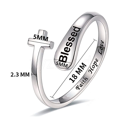 Non-Tarnish Cross & Word Blessed Stainless Steel Open Cuff Ring DL2352-1