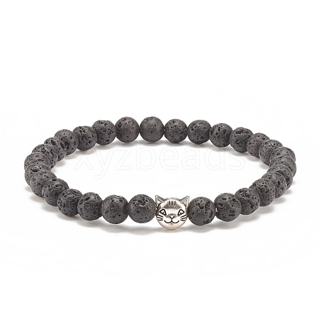 Natural Lava Rock Stretch Bracelet with Alloy Cat Beaded BJEW-JB08309-01-1