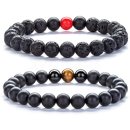 2Pcs 2 Style Natural Tiger Eye & Lava Rock & Synthetic Black Stone Round Beaded Stretch Bracelets Set SF6156-3-1