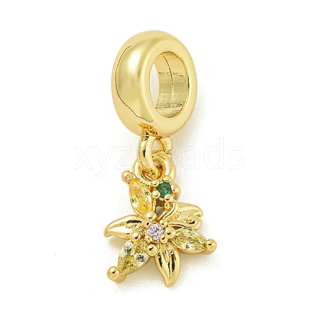 Rack Plating Brass Pave Colorful Cubic Zirconia Flower European Dangle Charms KK-Z067-34G-1