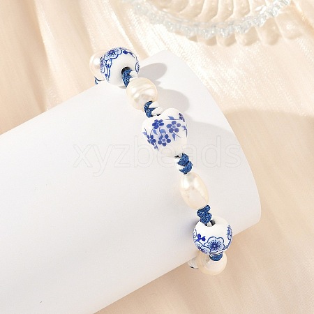 Adjustable Handmade Chinoiserie Floral Printed Porcelain Heart Beads & Natural Pearl Braided Bead Bracelets for Women BJEW-JB14209-1