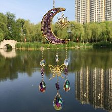 Natural Amethyst Chip & Metal Moon Hanging Suncatchers PW-WG15083-04