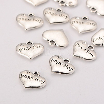 Wedding Theme Antique Silver Tone Tibetan Style Heart with Page Boy Rhinestone Charms X-TIBEP-N005-14B-1