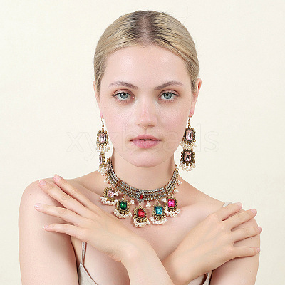 Rectangle Alloy Glass Choker Necklace & Earrings Sets for Women FS-WG507E8-06-1