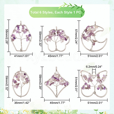 6Pcs 6 Styles Natural Amethyst Copper Wire Wrapped Chip Big Pendants G-PH0002-16-1
