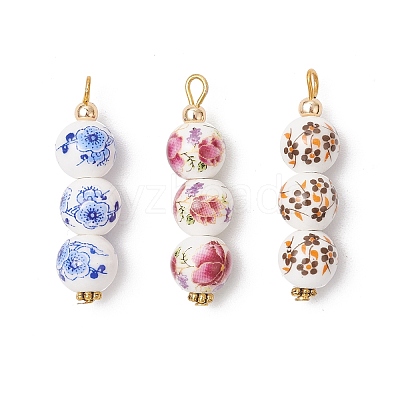 3Pcs Handmade Flower Printed Porcelain Ceramic Pendants PALLOY-JF03974-1