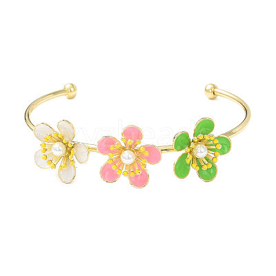 Alloy Flower with Imitation Pearl Beaded Open Cuff Bangle for Women BJEW-D054-02G-03-1