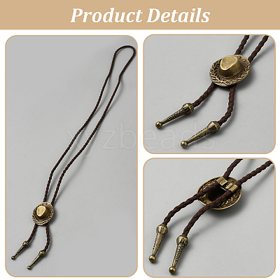 1Pc West Cowboy Hat Tibetan Style Alloy Pendant Black PU Leather Cord Bolo Tie Lariat Necklaces NJEW-GF0001-24B-1