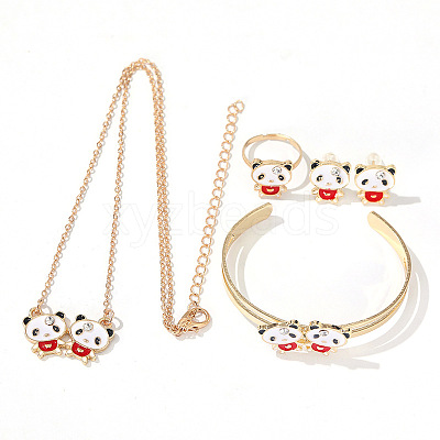 Panda Alloy Enamel & Rhinestones Stud Earring & Pendant Necklaces & Cuff Bangles & Rings Sets for Women FS-WGAF002-05-1