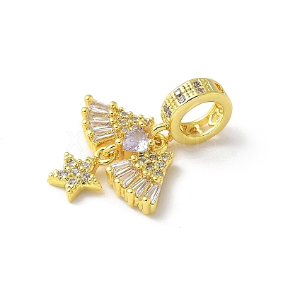 Brass Micro Pave Clear Cubic Zirconia Star & Wing Heart European Dangle Charms KK-A236-05G-1