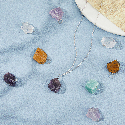 12Pcs 6 Styles Raw Rough Natural Green Aventurine & Amethyst & Tiger Eye & Quartz Crystal & Rose Quartz Pendants PALLOY-FH00085-1