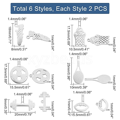 12Pcs 6 Style 201 Stainless Steel Pendants STAS-UN0032-10-1