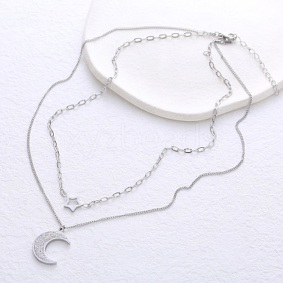 Stainless Steel Star Moon Pendant Double Layer Necklaces for Women MW8125-1-1
