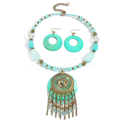 Bohemian Ethnic Style Alloy & Acrylic & Natural Shell Flat Round Tassel Pendant Necklaces & Dangle Earrings Sets FS-WGE5C82-02-1