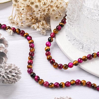 Natural Rose Tiger Eye(Dyed & Heated) and Yellow Tiger Eye(Dyed & Heated) Beads Strands G-G101-6mm-1-1