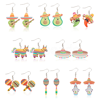 8 Pairs 8 Styles Cactus & Avocado & Horse Acrylic Dangle Earrings EJEW-AN0001-38-1