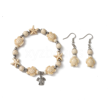 Starfish & Tortoise Synthetic Turquoise Beaded Stretch Bracelets & Dangle Earrings Kits SJEW-JS01311-01-1