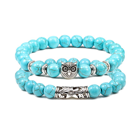 2Pcs Couple Alloy Star Owl & Synthetic Turquoise Stretch Bracelets Sets RY2820-5-1