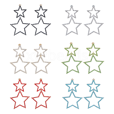 FIBLOOM 6 Pairs 6 Colors Alloy Hollow Star Dangle Stud Earrings with Rhinestone for Women EJEW-FI0001-87-1