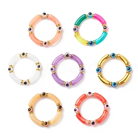 7Pcs 7 Color Acrylic Curved Tube & Plastic Evil Eye Beaded Stretch Bracelets Set BJEW-JB08962-1