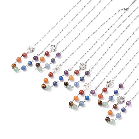 7Pcs 7 Style Natural Mixed Gemstone Beaded Pendant Necklace with Alloy 7 Chakra NJEW-JN03889-1