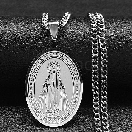 Stainless Steel Oval with Virgin Mary Prayer Pendant Necklace for Unisex ZB7308-2-1