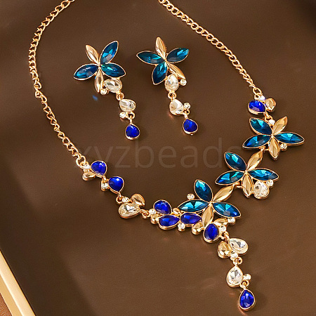 Flower Alloy Glass Rhinestone Bib Necklace & Dangle Stud Earring Jewelry Sets for Women FS-WG6A5BE-03-1