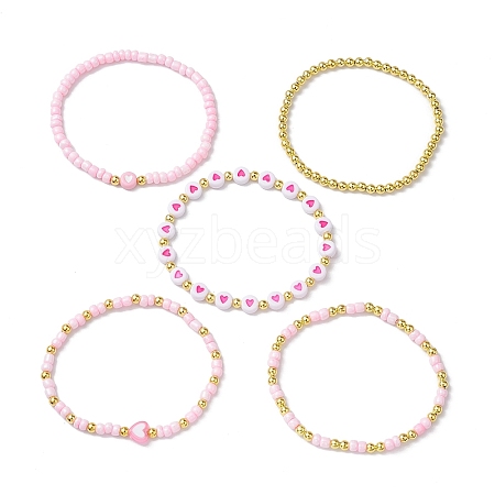 5Pcs 5 Styles Heart Acrylic & Glass Seed Beaded Stretch Bracelet Sets BJEW-JB10473-02-1