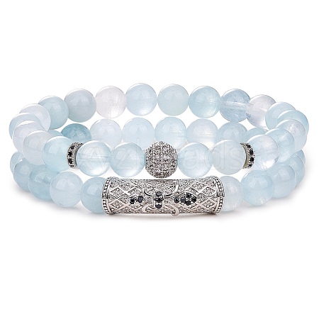 2Pcs 2 Style Natural Aquamarine Stretch Bracelets Set BJEW-SW00094-1