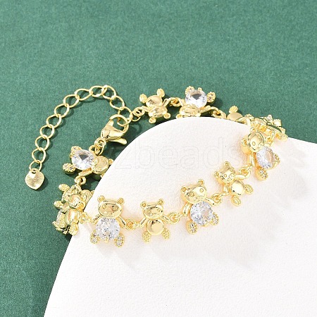 Bear Brass Micro Pave Cubic Zirconia Link Chain Bracelets for Women BJEW-K248-05G-01-1