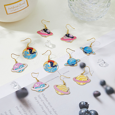 5 Pair 5 Style Golden Plated Alloy Enamel Planet Dangle Earrings with Iron Pins EJEW-AB00045-1