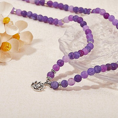 Natural Weathered Agate Round Beaded Wrap Bracelet with Alloy Ohm/Aum Lotus AJEW-PH00503-01-1