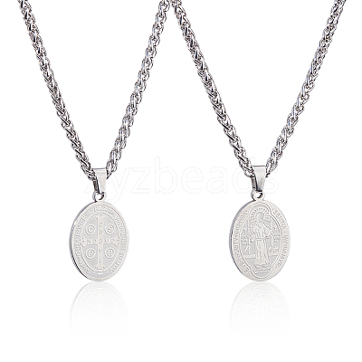 2Pcs Stainless Steel Saint Benedict Oval Medal Pendant Wheat Chain Necklaces NJEW-DC0001-20P-1