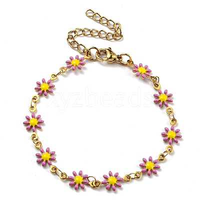 Ion Plating(IP) Golden 304 Stainless Steel Flower Link Chain Bracelets with Enamel BJEW-E088-02G-1