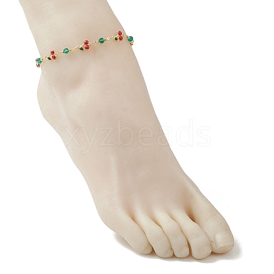 Brass Enamel with Green Glass Red Cherry Link Anklets for Women AJEW-AN00772-1