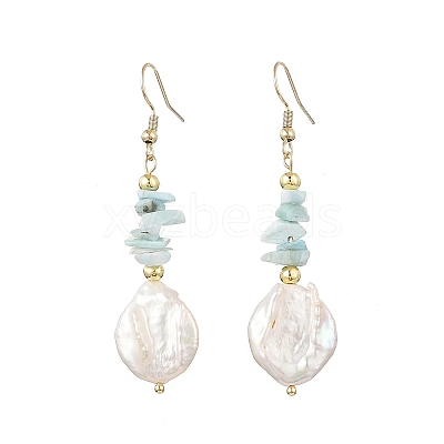 Natural Larimar Chip & Natural Keshi Pearl Dangle Earrings EJEW-JE07445-02-1