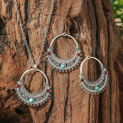 Bohemian Ethnic Style Zinc Alloy & Synthetic Turquoise Pendant Necklaces & Dangle Earrings Sets WG7E01E-07-1