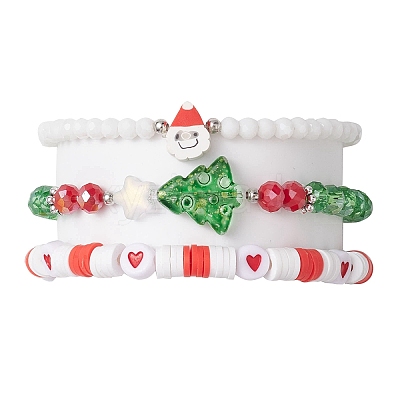 3Pcs 3 Styles Polymer Clay & Glass Beaded Stretch Bracelet Sets BJEW-JB10676-1