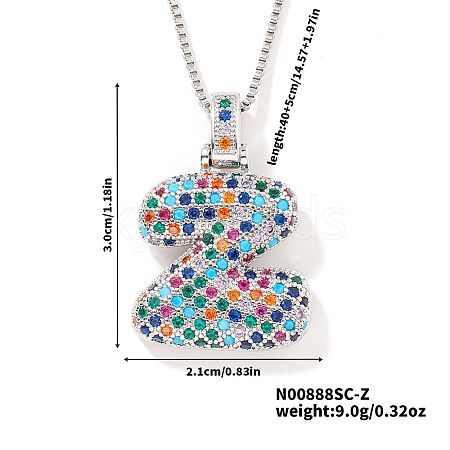 Brass Pave Colorful Cubic Zirconia Letter Pendant Box Chain Necklaces NU0575-47-1