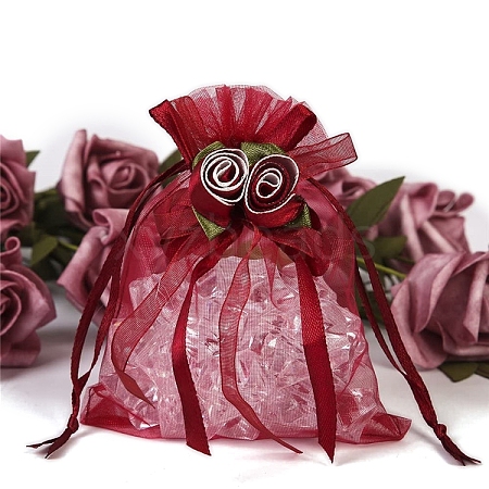 10Pcs Organza Gift Drawstring Bags with Rose PW-WGCF1DC-14-1