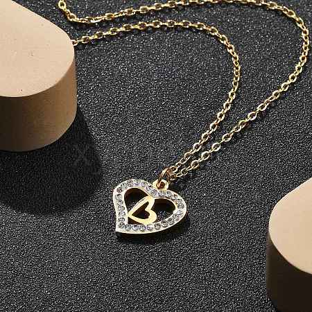 304 Stainless Steel Crystal Rhinestone Heart Pendant Cable Chain Necklaces for Women NJEW-Z056-01C-G-1