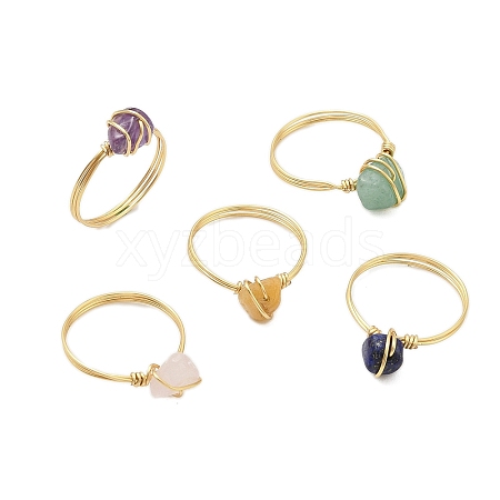 Copper Wire Wrapped Natural Quartz Crystal & Rose Quartz & Green Aventurine & Lapis Lazuli & Topaz Jade  Nuggets Finger Rings for Women RJEW-JR00794-1