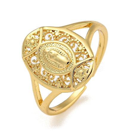 Oval with Virgin Mary Brass Open Cuff Rings for Women RJEW-Z050-08G-1