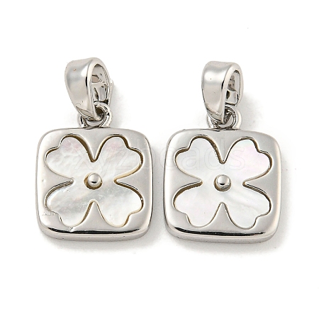 Natural Shell & Brass Square with Flower Charms with Snap on Bails KK-P275-05P-1